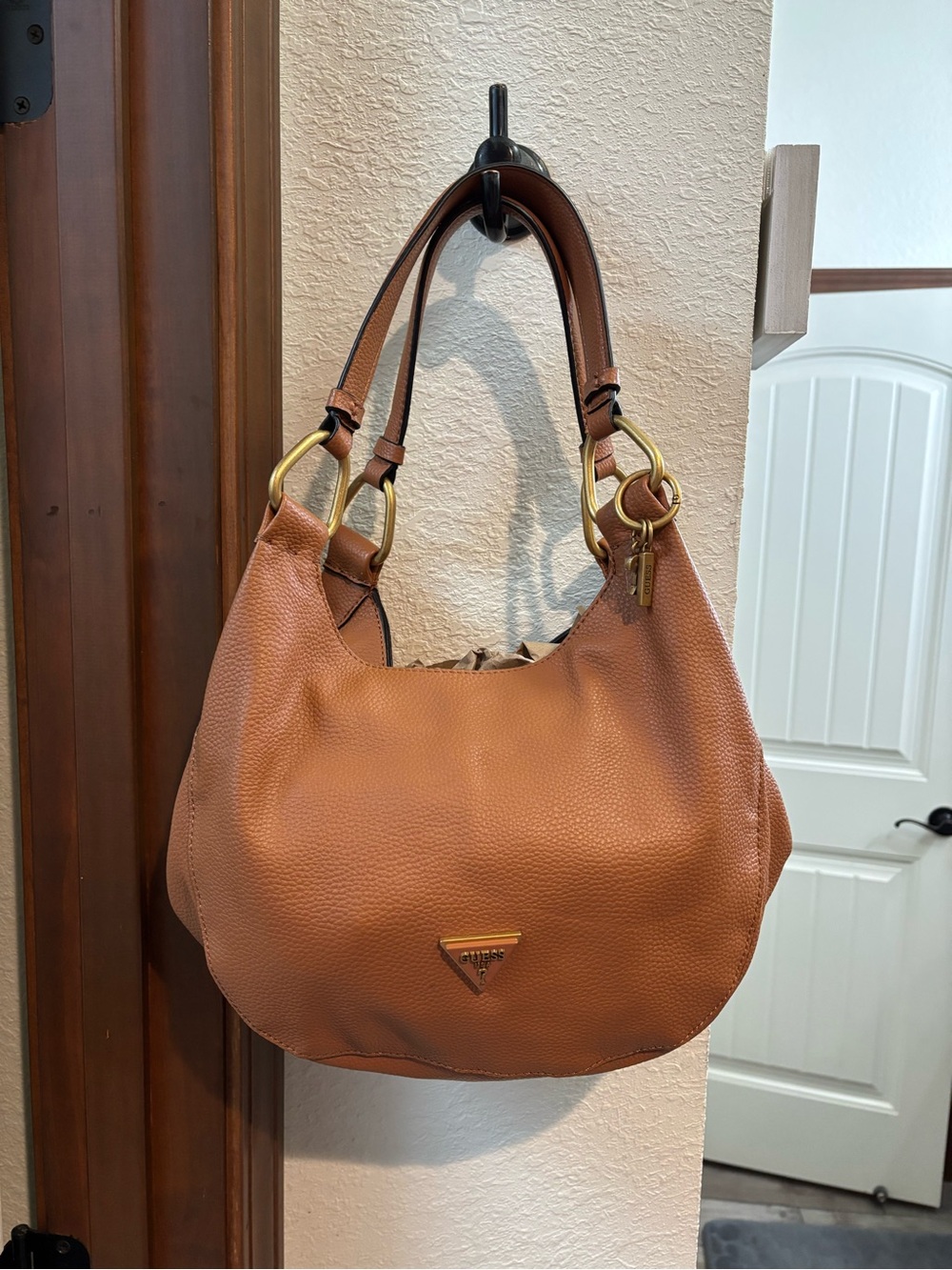 Guess Cognac Pebbled Leather Shoulder Bag with Gold Hardware